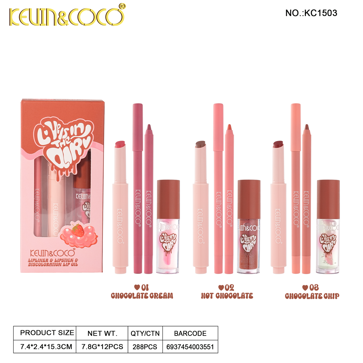 Sweet Chocolate Press-To-Use Lip Set-12PCS(KC1503/KC1504) | KEVIN&COCO