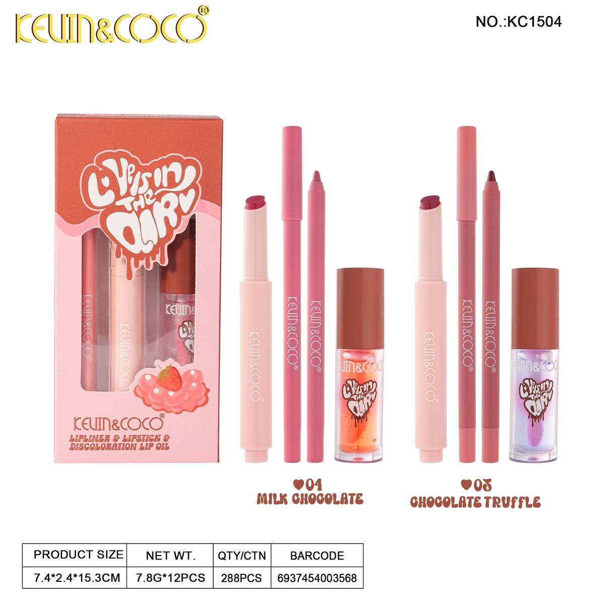 Sweet Chocolate Press-To-Use Lip Set-12PCS(KC1503/KC1504) | KEVIN&COCO