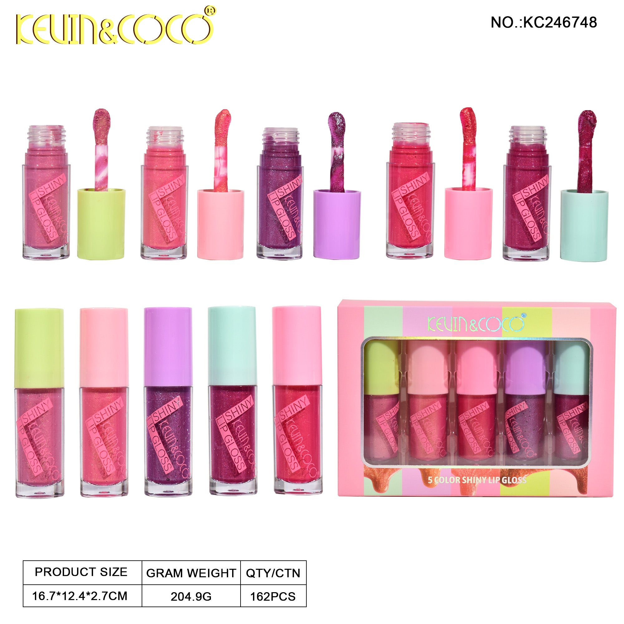 5-Color Shiny Lip Gloss DISPLAY Set - 6 PCS (KC246748)