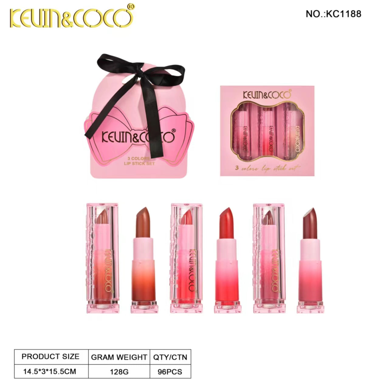 Bow-Tie 3-Piece Lipstick Set Display-6PCS(KC1188)