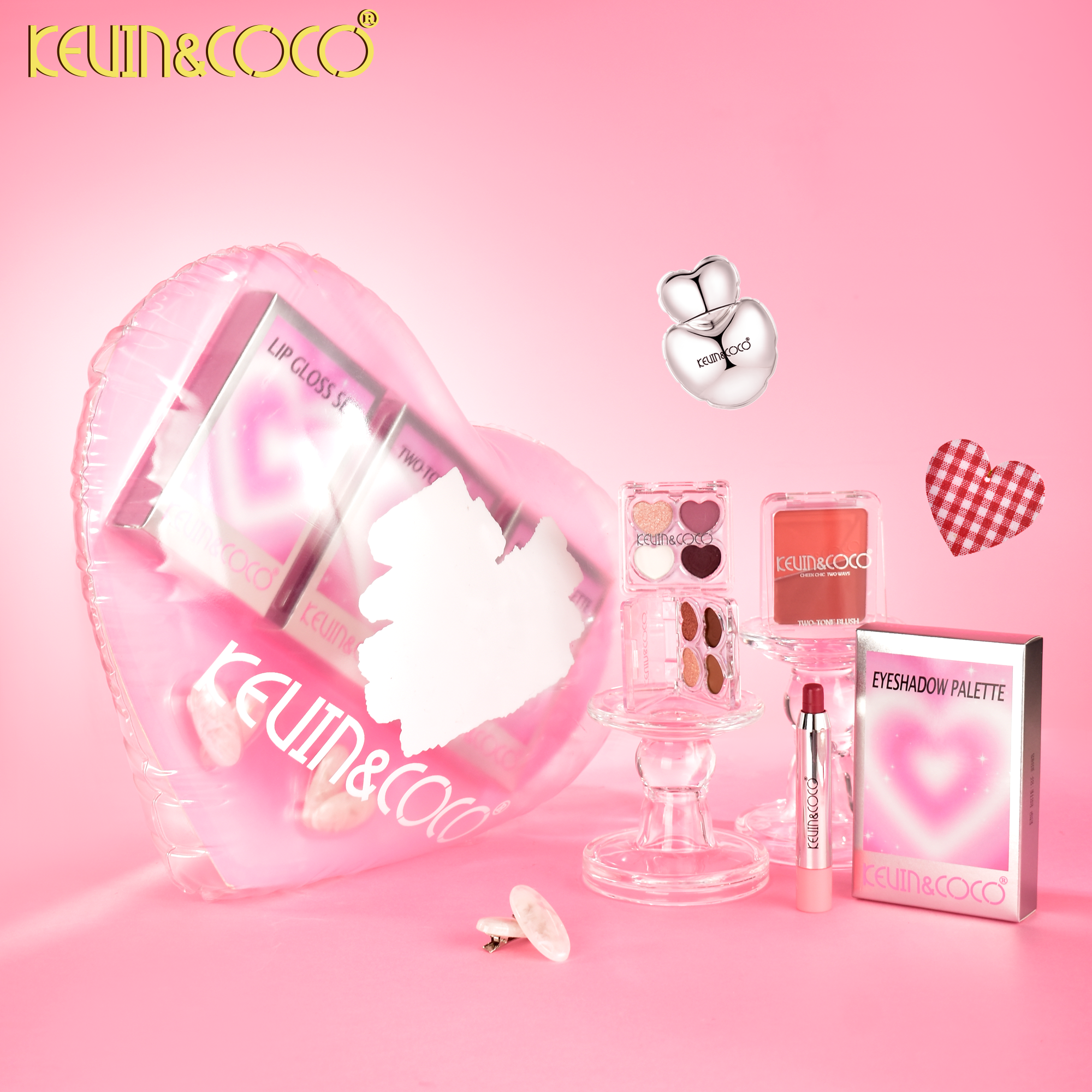 Heart Inflation Kit: Eyeshadow, Blush, Lipstick, Lip Gloss Set-6pcs (KC1096)
