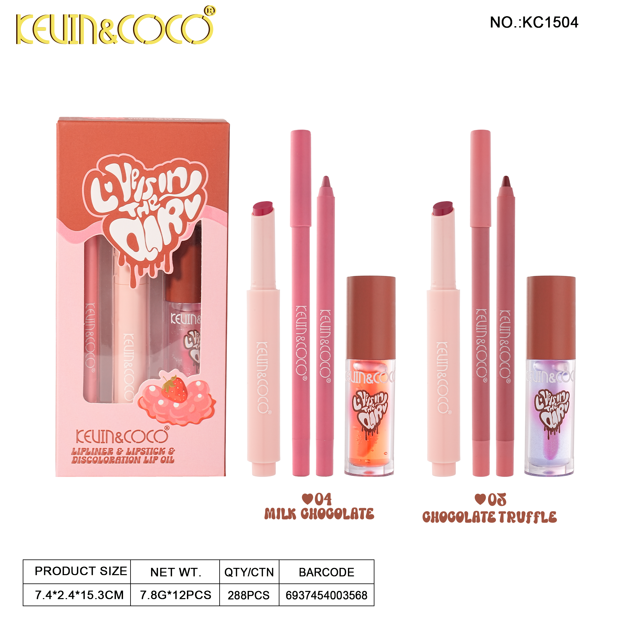 Sweet Chocolate Press-To-Use Lip Set-12PCS(KC1503/KC1504)
